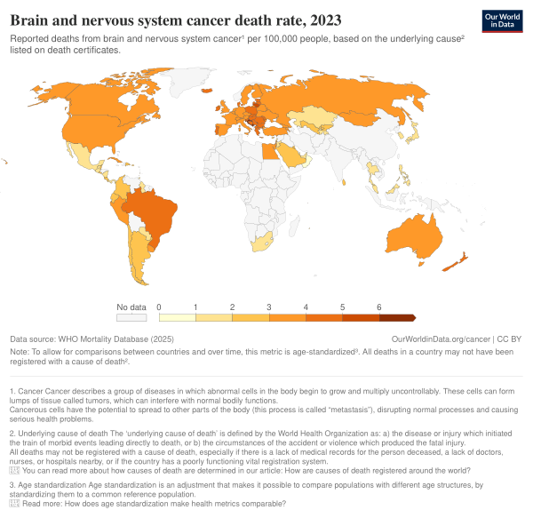 Brain And Nervous System Cancer Death Rate, World, 2023
