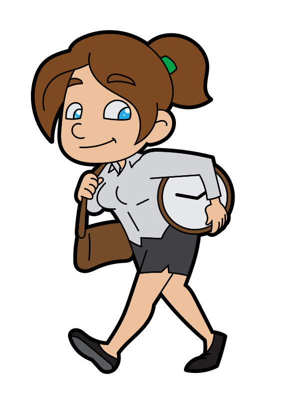 Happy Cartoon Woman Walking Out With A Clock