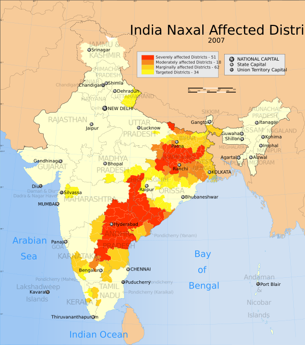 Naxalite Affected Districts Of India Map 2007