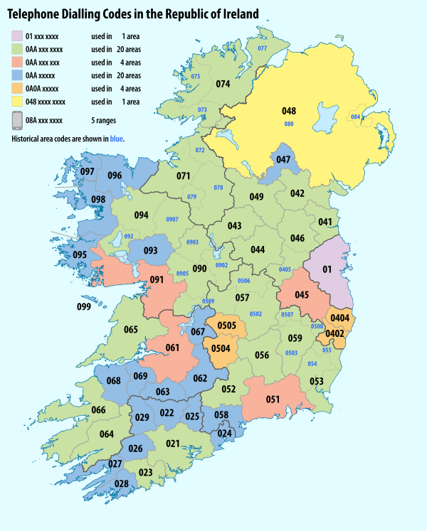 Telephone Dialling Codes In The Republic Of Ireland Vector
