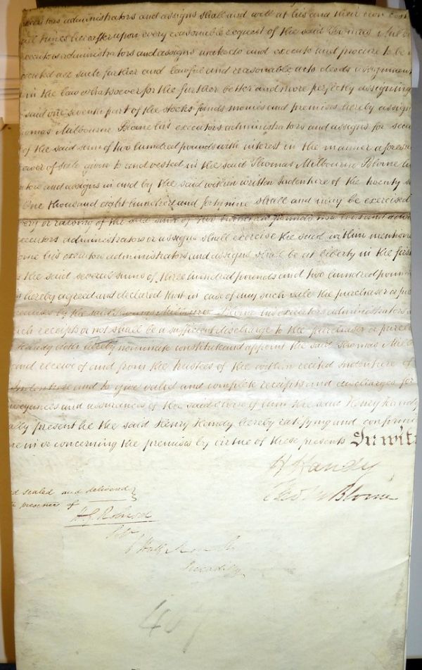 19th-century English legal document, possibly a contract between Henry Handy and Thomas Milbourne Blome, witnessed by Henry George Robinson, a solicitor who practiced at 6 Half-Moon Street, Piccadilly...