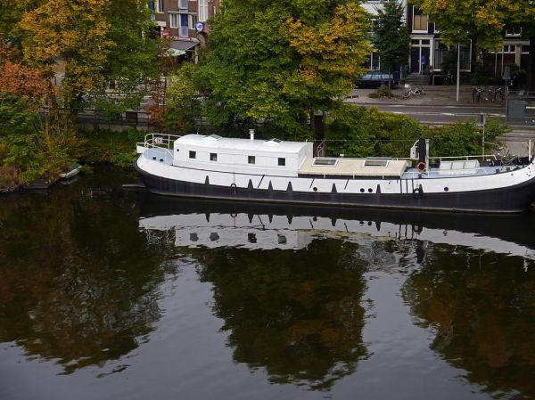 2016.10 - Amsterdam photo; Urban trees in Fall along the reflecting canal-water of De Nieuwe Vaart - geo-tagged free urban picture, in public domain / Commons CCO; Dutch urban photography by Fons Heij...