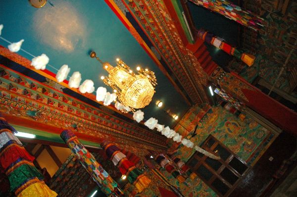 A look at the ceiling of Tharlam Monastery, flower seed pod decorations, silk decorations, Buddha's life story mural, Sakya Lamdre, Bodha, Kathmandu, Nepal