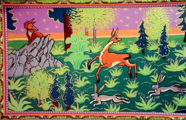 A red fox hiding on a rocky outcropping watches a springbok running with rabbits, decorative painting by Linda Lane, 1983, Anchorage, Alaska, USA