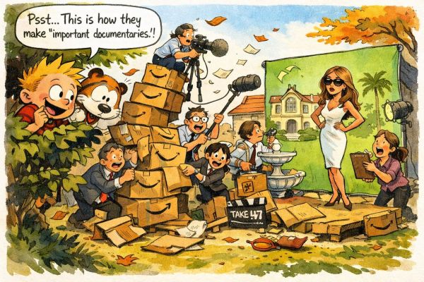 A whimsical, hand-drawn Sunday newspaper Calvin and Hobbes style comic strip on the Melania documentary