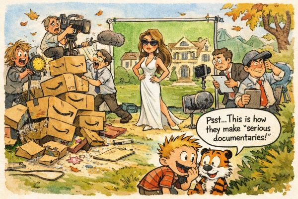 A whimsical, hand-drawn Sunday newspaper Calvin and Hobbes style comic strip on the Melania documentary.