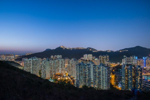 Aberdeen Typhoon Shelters view at Yuk Kwai Shan (mount Johnston) in sunset time