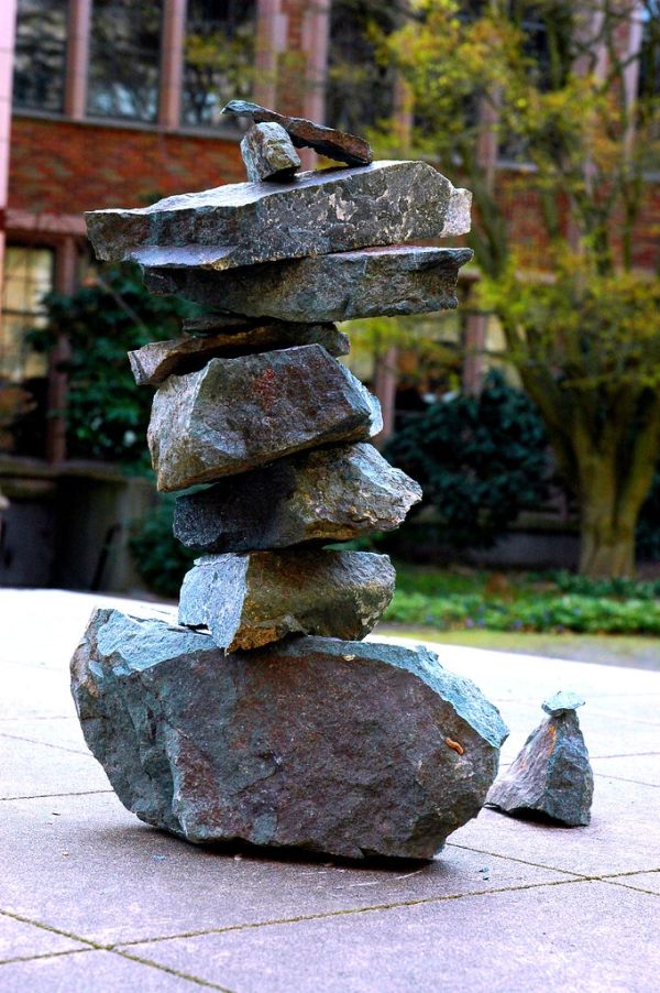 Abstract art. Cairn Ahu Rock Stack Inuksuk, Temple of the Honored and Adored Things, Found Sculpture Exhibit, Cherry Tree Festival, March, University of Washington, USA