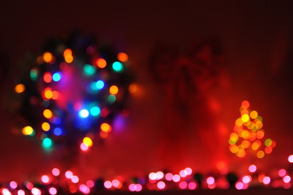 Abstract wreath, red bow, Christmas tree of lights, over mantle of pink lights, Christmas time, Merry Christmas, Happy Holidays, Seattle, Washington, USA
