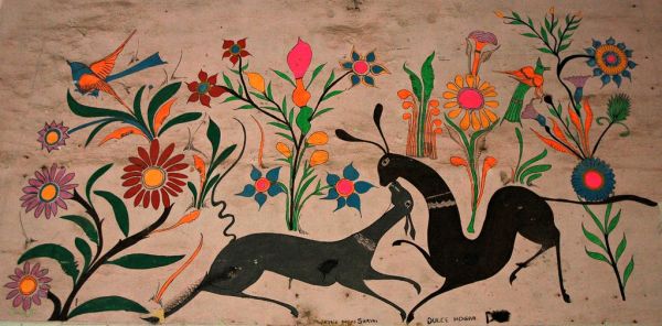 Affection of deers, flowers, birds, Antique Mexican painting, Jardin de los Sievas, Hotel Belmar, Mazatlan, Sinaloa, Mexico