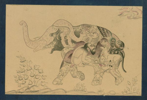 Album of Persian and Indian calligraphy, miniatures, and prints, Man and animals in the shape of an elephant (composite animal), Walters Manuscript W.670, fol. 13b detail