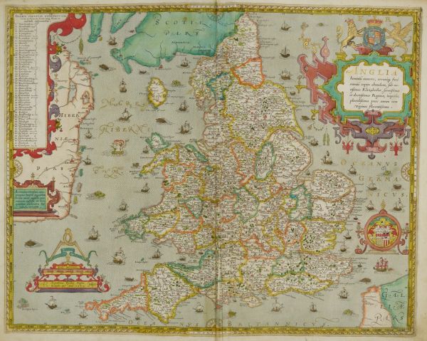Anglia: Hand-drawn map of England and Wales by Christopher Saxton in 1579