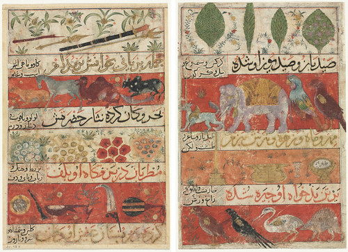 Animals, Precious Stones, Coins, and Musical Instruments (recto); Animals, Birds, and Plants (verso) from a Mu'nis al-Ahrar fi Daqa'iq al-Ash'ar (The Free Men's Companion to the Su...