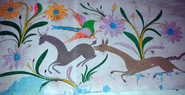 Antique Mexican folk art painting, ... de Pascua, deer frolicking, bird, purple and orange flowers, Hotel Belmar, Mazatlan, Sinaloa, Mexico