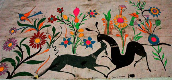 Antique Mexican folk art painting, Jardin de los Siervas, Dulce Hogar, deer nuzzling, birds, blue, pink, red, purple, orange flowers, Hotel Belmar, Mazatlan, Sinaloa, Mexico