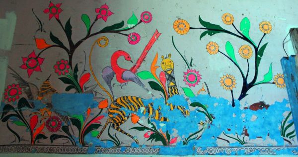 Antique Mexican folk art painting, tiger, orange bird, blue, pink, red, orange flowers, Hotel Belmar, Mazatlan, Sinaloa, Mexico