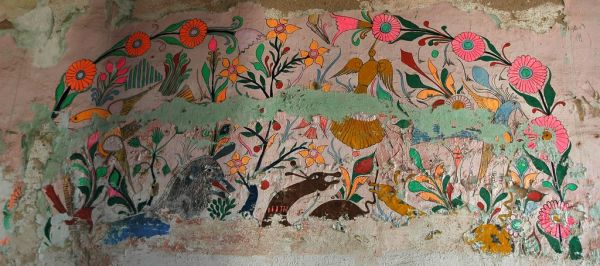 Antique Mexican painting, Flower arch, Hotel Belmar, Mazatlan, Sinaloa, Mexico