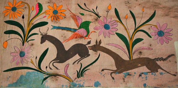 Antique Mexican painting of deer, flowers, bird, de Pascua, Hotel Belmar, Mazatlan, Sinaloa, Mexico