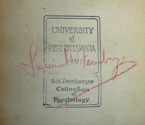 Autograph of Samuel W. Fernberger in red pencil and stamp the S.W. Fernberger Collection of Psychology of the University of Pennsylvania Libraries