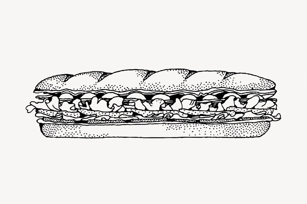 Baguette sandwich hand drawn, illustration