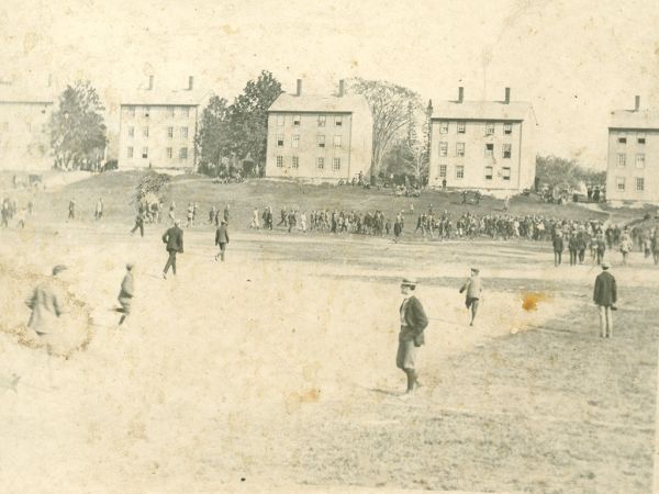Baseball in front of the Latin Commons at Phillips Academy, 1899-1900