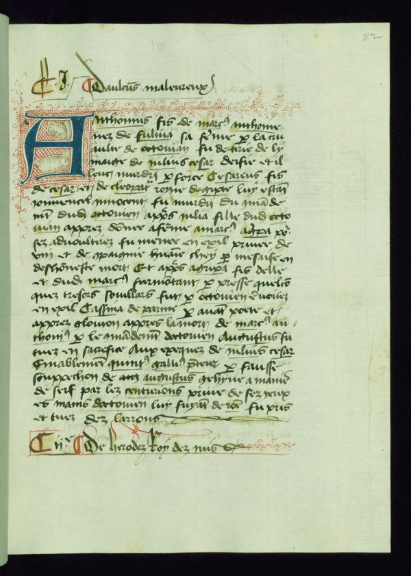 Boccaccio's De Casibus Virorum Illustrium (French translation), Initial 'A' with a squirrel and a hare, Walters Manuscript W.314, fol. 112r