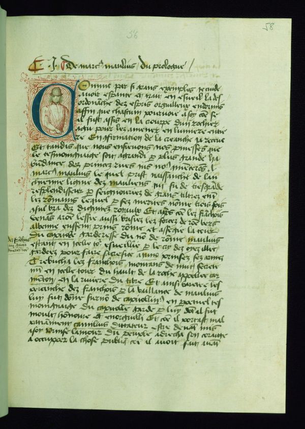 Boccaccio's De Casibus Virorum Illustrium (French translation), Initial 'C' with drawing of a man, Walters Manuscript W.314, fol. 58r