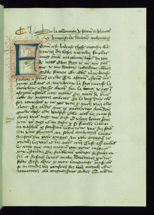 Boccaccio's De Casibus Virorum Illustrium (French translation), Initial 'F' with woman in conical hat, Walters Manuscript W.314, fol. 90r