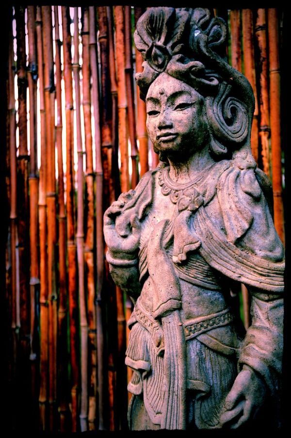 Bodhisattva Quan Yin, the female Buddha, statue, bamboo fence, A Garden for the Buddha, Seattle, Washington, USA