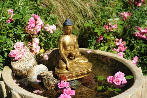 Brass statue of Lord Buddha in the earth touching mudra, holding begging bowl, water fountain, lotus petals, rocks, pink carpet roses, Tibetan Buddhist style, (gift from HH Dagchen Sakya), A Garden fo...