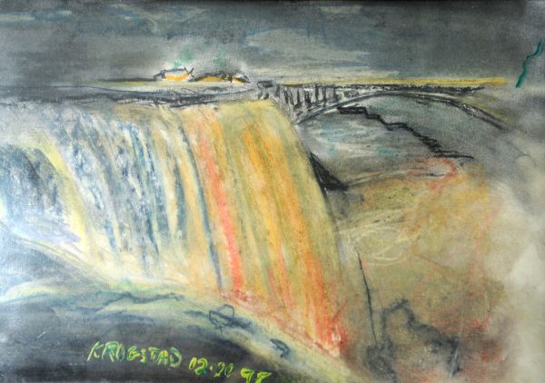 Bridge with falls painting, Karl Krogstad, oil crayons, watercolor, gallery, Ballard, Seattle, Washington, USA