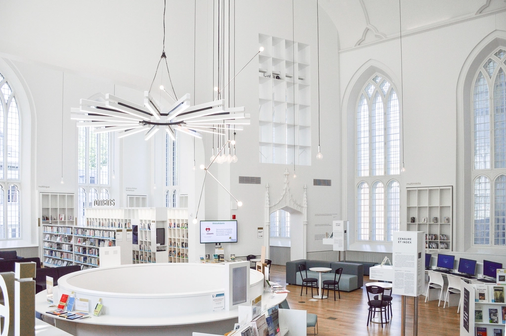 bright white library open space