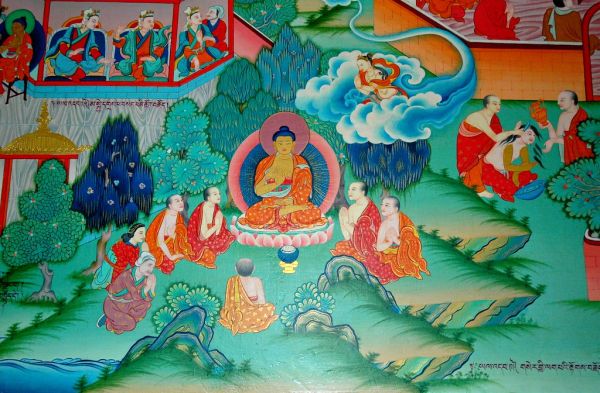 Buddha teaching, from the Buddha's life story, mural, Tharlam Monastery of Tibetan Buddhism, Boudha, Kathmandu, Nepal