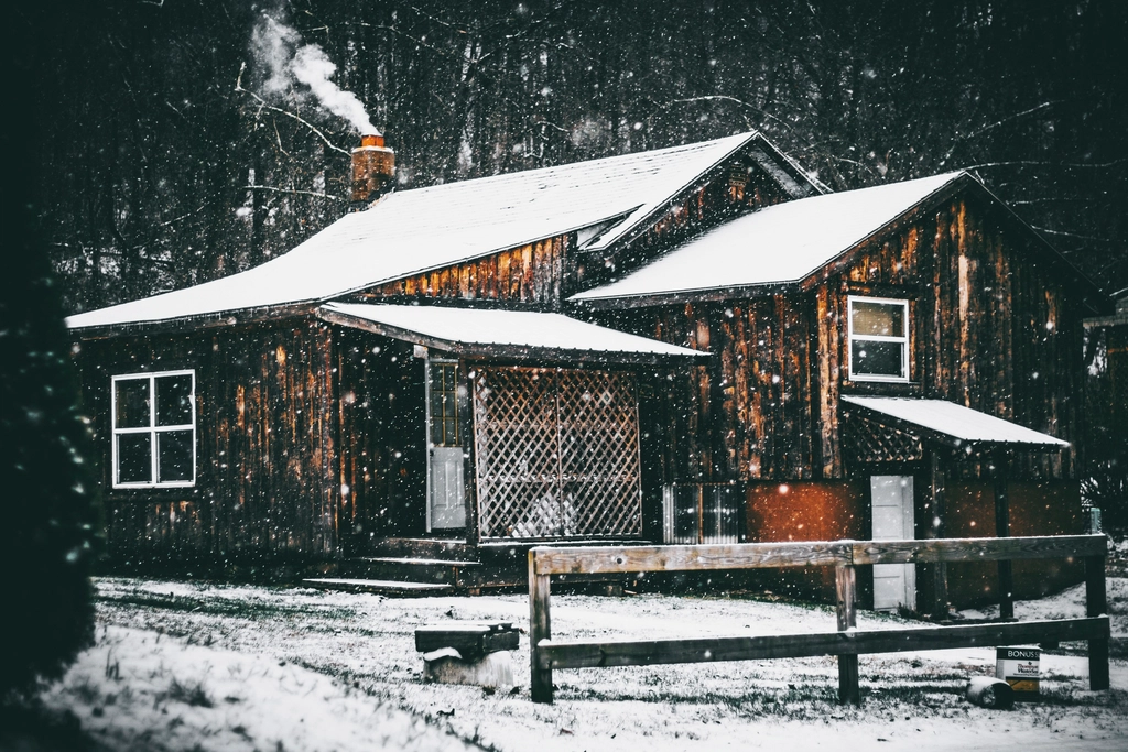 cabin woods winter snow roof