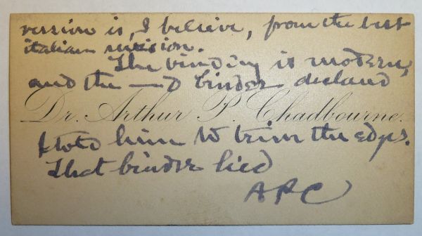 Card of Arthur P. Chadbourne, with his inscription