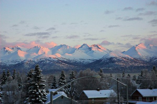 Chugach Range Mountains, Christmas Eve, viewed from the 4th floor Pioneer's Home, Anchorage, Alaska, USA