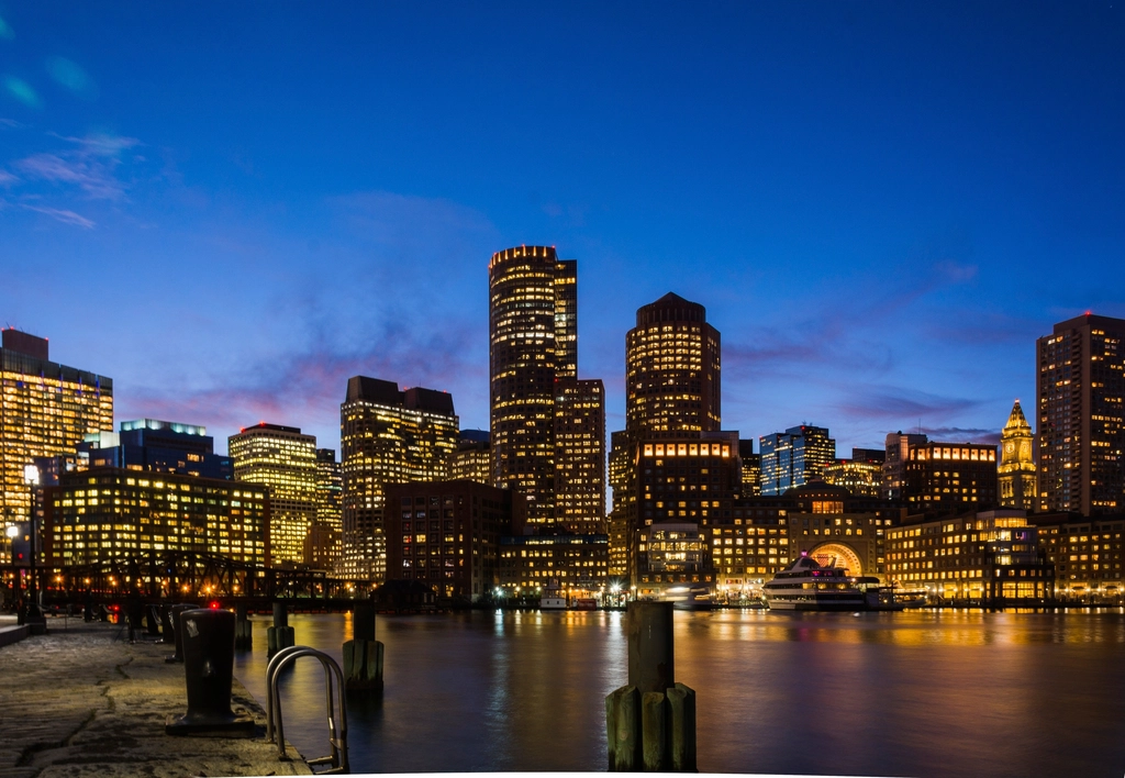 city skyline night seen docks