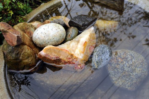 Clear cool water for birds to drink and bathe in, Rocks of the fountain, egg shaped, agate, stones, reflection, in A Garden for the Buddha, Seattle, Washington, USA