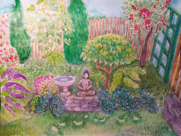 Colorful watercolor drawing, A Garden For The Buddha
