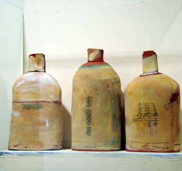 Contemporary art, three labeled ceramic bottles, 3rd floor, Building 110, Microsoft Art Collection, Redmond, Washington, USA