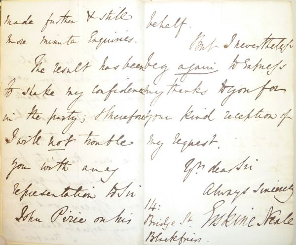 Continuation of a letter from Erskine Neale (1804-1883) to publisher Alexander Elder (1790-1876)