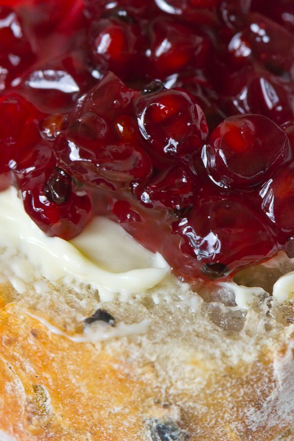 Cranberry jam on buttered bread