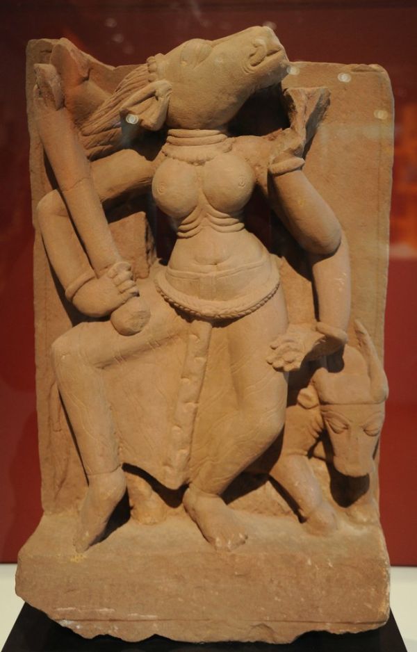 Dancing Mother Goddess Varahi with mace and bull, India, Madhya Pradesh or Rajasthan, 9th / 10th century, red sandstone, statue, Art Institute of Chicago, Illinois, USA