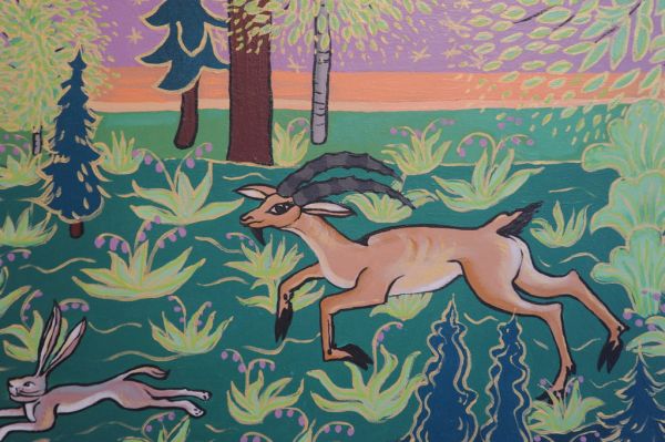 Detail: African Ibex creature running with jack rabbit in an Alaskan paradise, painting by Linda Lane, 1983, private collection, Anchorage, Alaska, USA