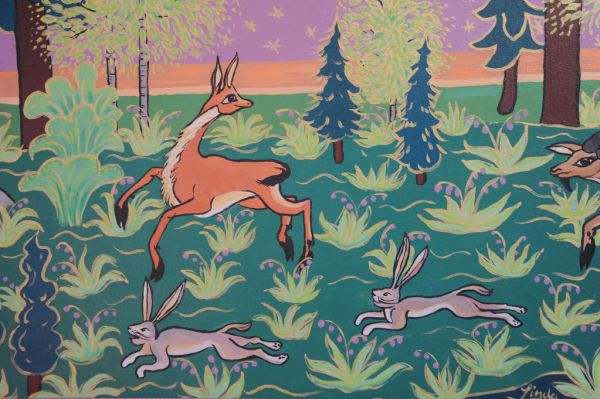 Detail: African Ibex creatures running with jack rabbits in an Alaskan paradise, painting by Linda Lane, 1983, private collection, Anchorage, Alaska, USA