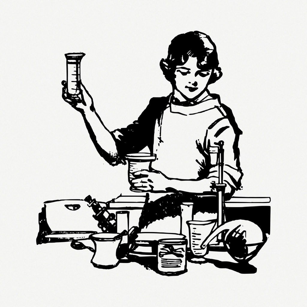 Female chemist drawing, vintage illustration