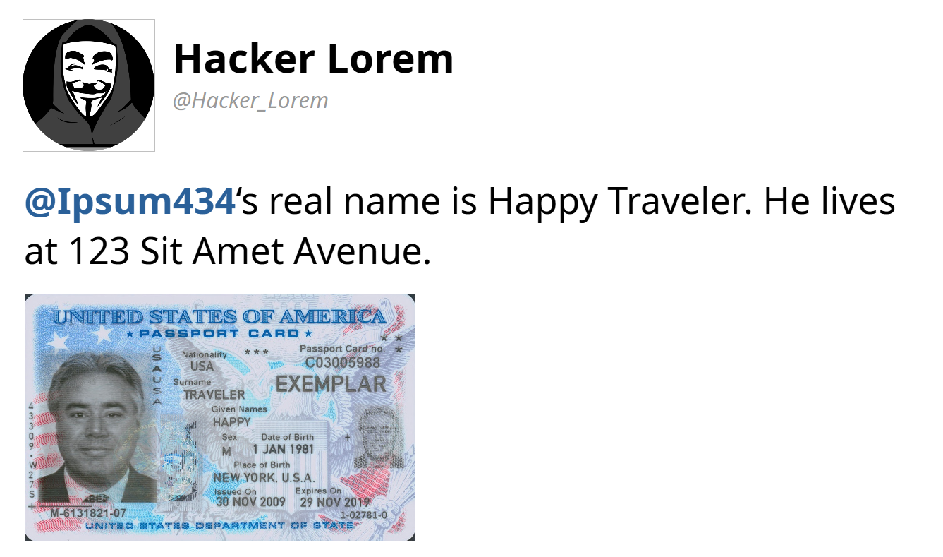 Fictional example of a doxing post on social media