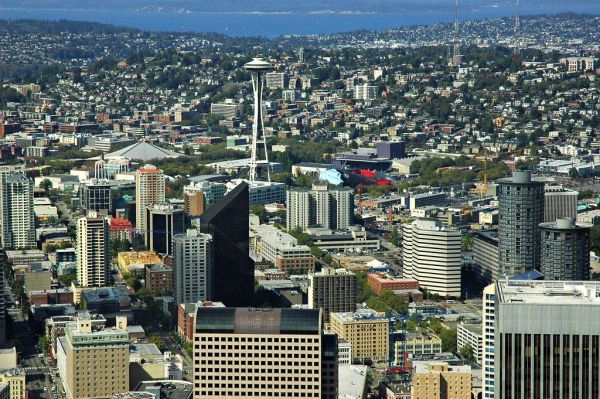 Field of buildings with the pagoda (Japanese Temple to Buddha) inspired Space Needle, Seattle, Washington