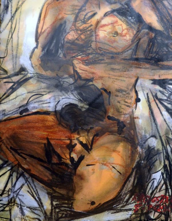 Figure, paint, oil chalk, watercolor, paper, detail, painting, Karl Krogstad, gallery, Ballard, Seattle, Washington, USA