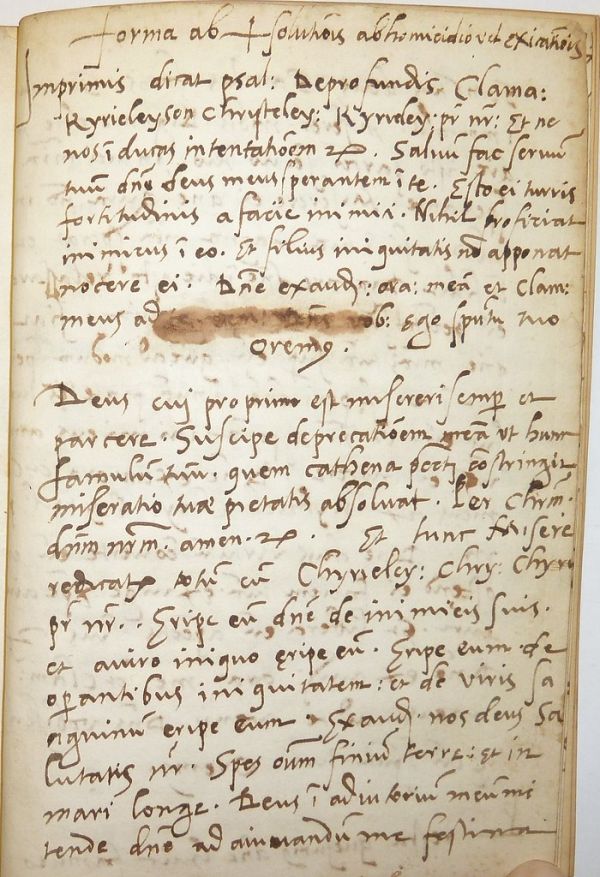First of three ms. pages of Latin prayers headed 'Forma absolutio[n]is ab homicidio vel exicatio[n]is[?] [i.e. excommunicationis?]'
